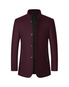 Mens Winter Wool Coat Stand Collar Business Jacket (Wine Red)