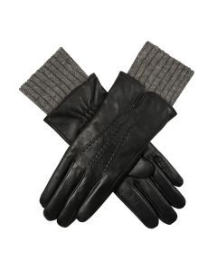 Dents Women's Three-Point Wool Blend-Lined Leather Gloves with Knitted Cuffs - Black