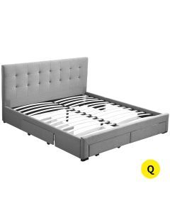 Levede Fabric Bed Frame Queen Tufted 4 Drawers Storage Wooden Mattress Base Grey