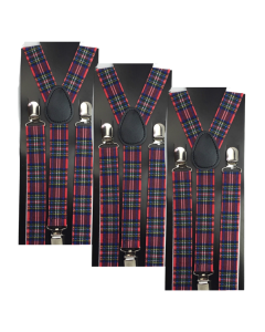 3x Tartan Slim Suspenders Bulk Pack - Strong Adjustable Clip On Braces for Weddings/Formals