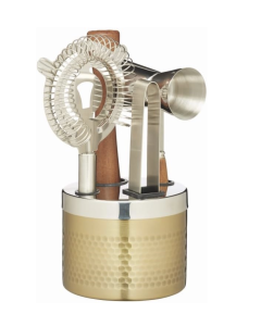 5 Piece Barcraft Brass Hammered Cocktail Bar Tool Set - Stainless Steel Drinks Maker