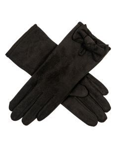 Dents Women’s Velour-Lined Faux Suede Gloves with Trim and Bow - Black