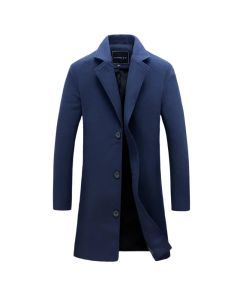 Men's Cotton Wool Blend Long Windbreaker Coat (Black Navy)