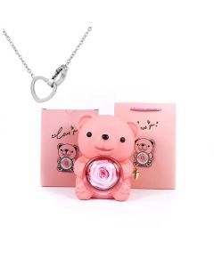 Eternal Rose Teddy Bear Gift Box with Necklace (Pink Silver)