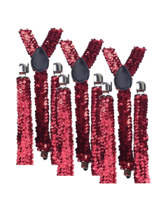 3x Red Sequin Slim Suspenders Bulk Pack - Strong Adjustable Clip On Braces for Weddings/Formals