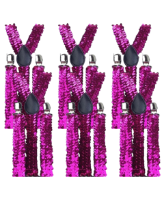 6x Hot Pink Sequin Slim Suspenders Bulk Pack - Strong Adjustable Clip On Braces for Weddings/Formals