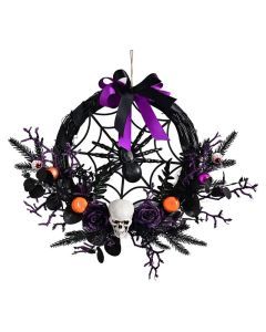Halloween Wreath Skull and Purple Flower Door Decor