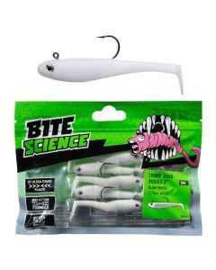 5 Pack of 3 Inch Bite Science Thump Shad Rigged Soft Plastics - Glow White