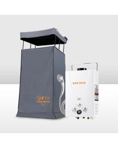 San Hima Camping Shower Tent Awning Fold-Out & 8L Gas Hot Water Heater
