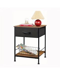 Rustic Black Metal Nightstand with Fabric Drawer