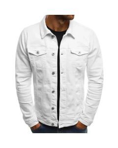 Mens Denim Streetwear Jacket Cotton Casual Slim Fit (White)