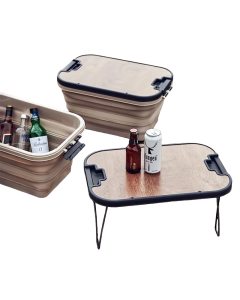 1 Set Outdoor Camping Folding Storage Box with Wooden Lid - Coffee Color