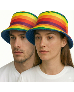 Rainbow/Blue Reversible Stingy Brim Bucket Hat - 100% Cotton Terry Towelling Lad Cap