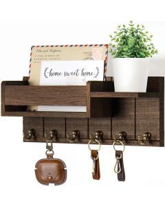 Traditional Wooden Wall-Mounted Storage Shelf with Hooks