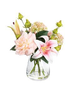 28cm Peony & Lily Arrangement in Glass Vase Faux Artificial Flowers Bunch Fake Floral