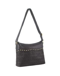 Pierre Cardin Womens Leather Perforated Crossbody Bag - Black (Stud Detail)