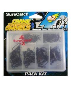 60 x Surecatch Assorted Black Crane Swivels with Coastlock Snaps in Tackle Box