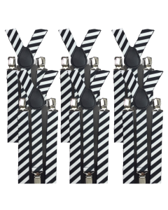 6x Black/White Stripe Slim Suspenders Bulk Pack - Strong Adjustable Clip On Braces for Weddings/Formals
