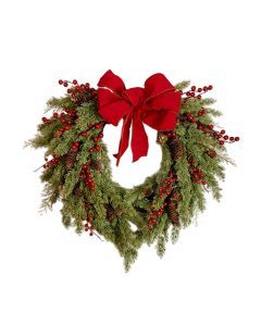 Pine Needle Red Berry Wreath with Heart Bow