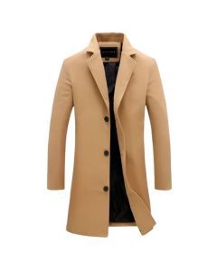 Men's Cotton Wool Blend Long Windbreaker Coat (Black Khaki)