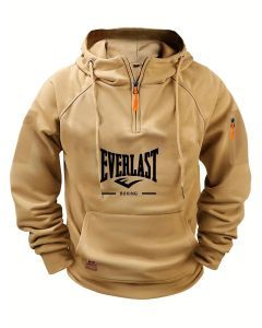 Men's Zipper Hoodie with Pockets and Print (Khaki)