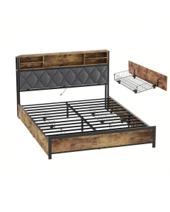 Queen Size Bed Frame with Drawers, Shelf, Headboard & Charging Station(Brown)