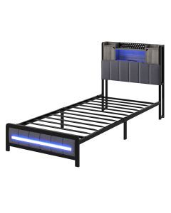 Levede Single Bed Frame Linen Upholstered Storage Headboard LED Charging 2 Ports