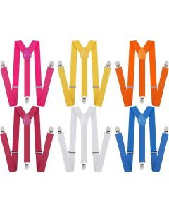 6x Assorted Colour Slim Suspenders Bulk Pack - Strong Adjustable Clip On Braces for Weddings/Formals