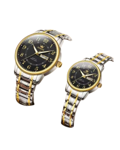 Quartz Couple Watch Stainless Steel Waterproof Pair (Gold Black)