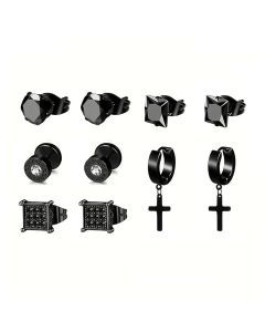 Earrings Stainless Steel 5 Pairs Set for Men (Black)