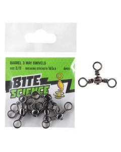 6 Pack of Size 2/0 Bite Science Black Barrel 3-Way Crossline Swivels - 165lb