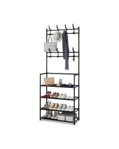 Multifunctional Free-Standing Coat and Shoe Rack Organizer with Storage Shelves and Hooks