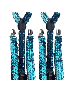 2x Blue Sequin Slim Suspenders - Strong Adjustable Clip On Braces for Weddings/Formals