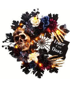 Eerie Illuminations: Skull Wreath with Spider Web and LEDs