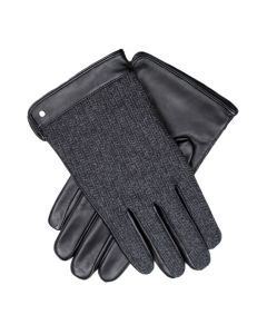 Dents Mens Leather Herringbone Wool Gloves - Black (Fleece Lined)