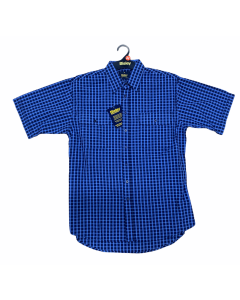 Bisley Mens Seersucker Short Sleeve Shirt - Blue Check (Work Cotton Blend Top)