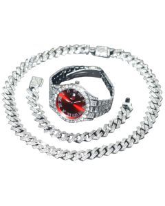 3pcs Mens Silver Watch Cuban Chain Bracelet Set (Red)
