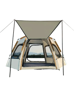 Hexagonal Fiberglass Pole Camping Tent - Silvery Glue Beige, 4-Person Capacity