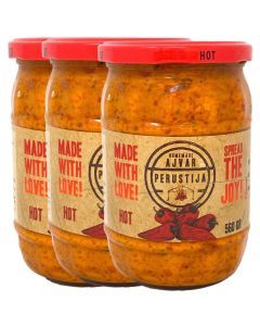 3x 560g Perustija Hot Ajvar Spread (Roasted Red Pepper Relish)