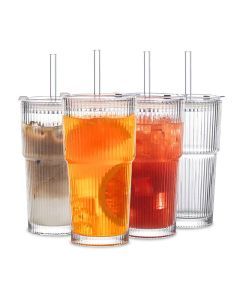 Stripe Glass Coffee Cup with Lid and Straw