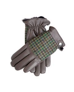 Dents Mens Faux Fur Abraham Moon Dogtooth & Leather Gloves - Brown/Forest Green