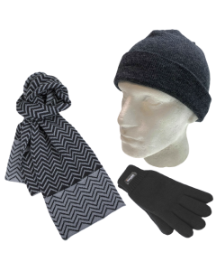 3pc Mens Charcoal Winter Set - Wool Beanie, Knit Scarf & Thinsulate Gloves
