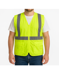 Fluro Yellow Hi Vis Zip Thru Safety Vest - Reflective Tape Day/Night Workwear (One Size)