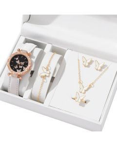 Butterfly Jewelry Set Watch Necklace Earrings Bracelet (White)