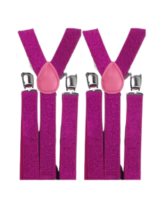 2x Hot Pink Glitter Slim Suspenders - Strong Adjustable Clip On Braces for Weddings/Formals