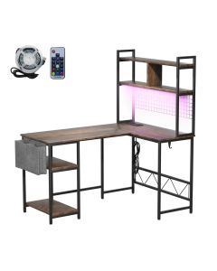 Levede L Shaped Gaming Desk Corner Desk LED Lights Built-in Power Outlet Brown