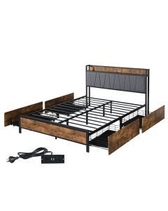 Levede Queen Bed Frame Industrial Tufted Storage Drawers Headboard USB Charge