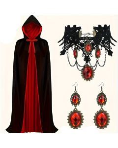 Halloween Vampire Cape Set with Necklace Earrings Hood
