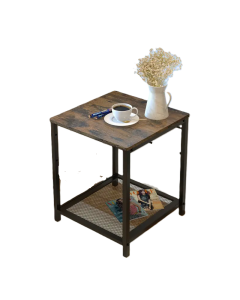 2-Tier End Table Nightstand with Storage Shelf - Rustic Brown+Black