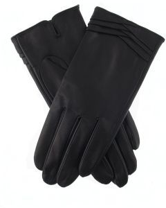 Dents Womens Leather Gloves with Pleat Detail & Fine Fleece Lining - Black - Large